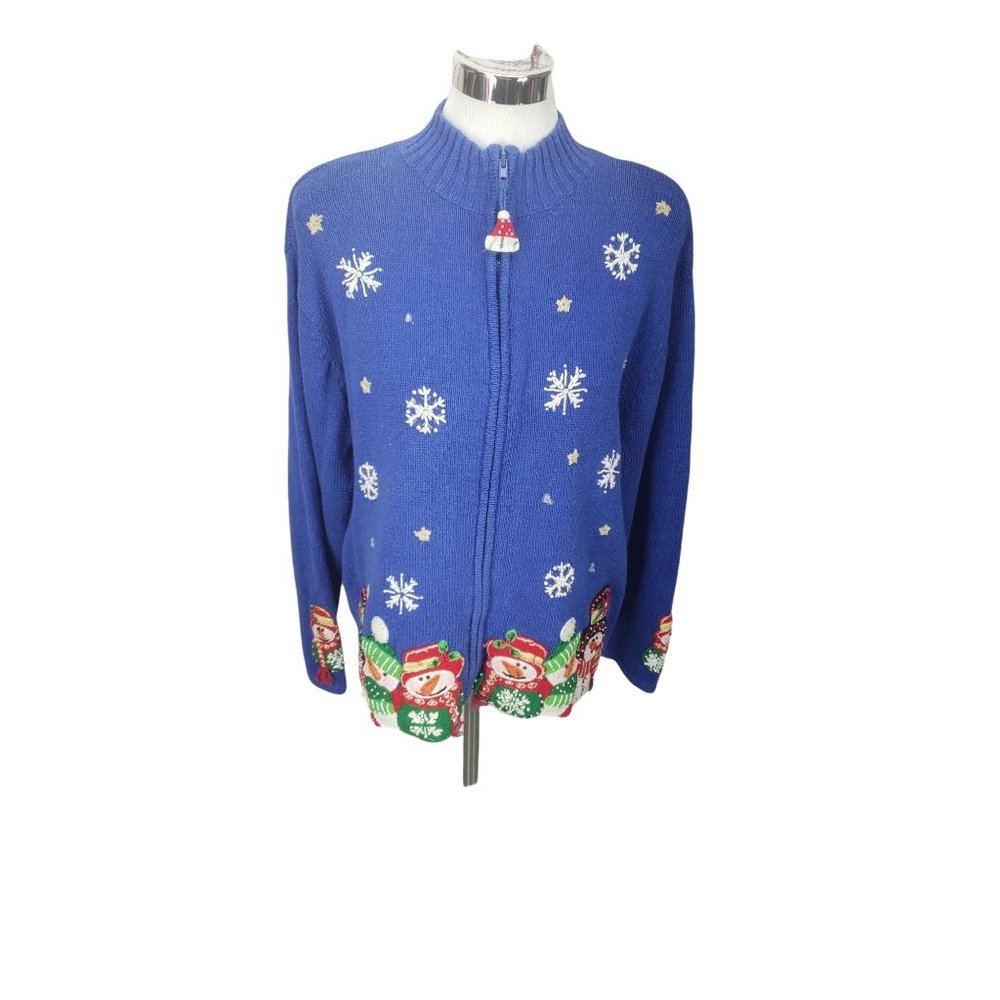 Tiara Int medium blue zip Cardigan snowman sweater christmas xmas